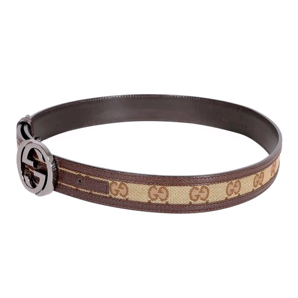 Authentic ✨Vintage Gucci GG Canvas & Brown Leather Interlocking G Belt 90/36 - Picture 4 of 11
